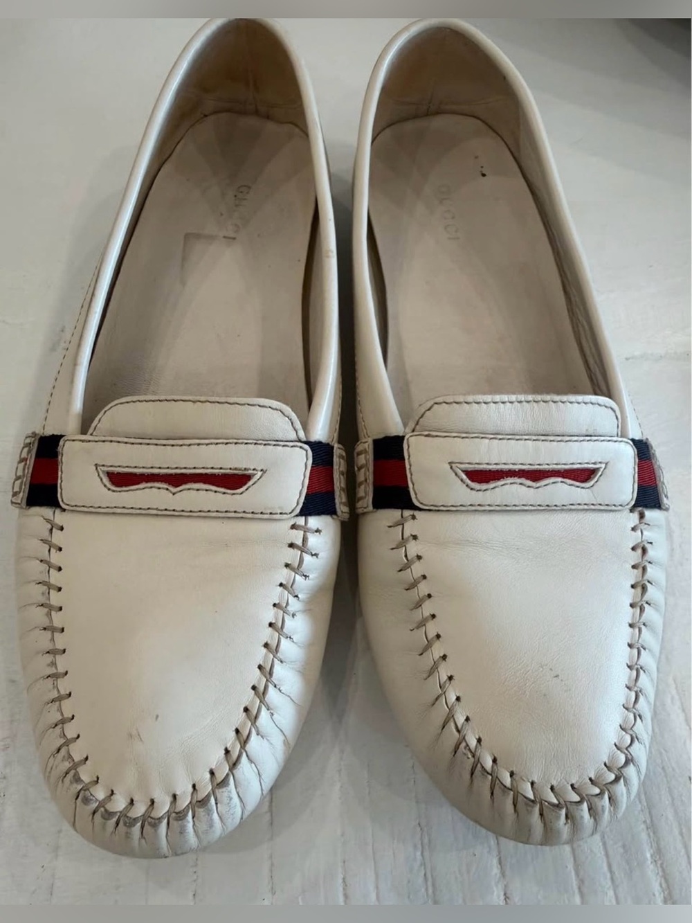 Gucci White Leather Penny Loafers with Red & Navy Classic Web- Woman’s - Picture 6 of 8